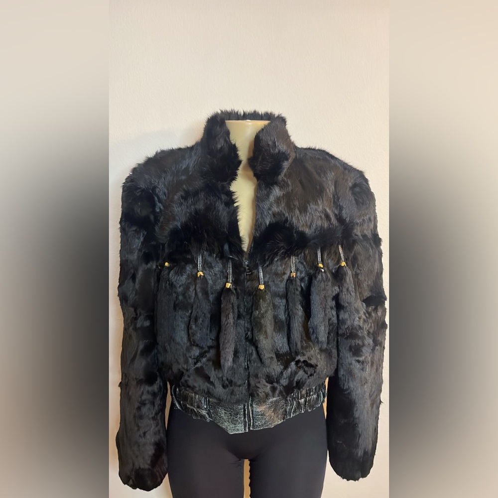 Vintage Black Rabbit Fur & Leather Cropped Coat W/ Rabbit Tails